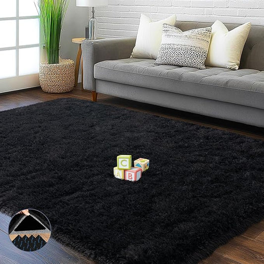 Black Area Rug for Bedroom, 4x6 Rugs for Living Room Nursery Kids Room Dorm Home Decor Aesthetic, Fluffy Shaggy Rug with 4 Anti-Slip Carpet Tapes
