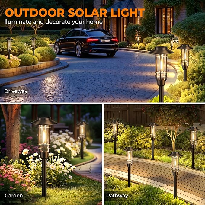 6 Pack Solar Pathway Lights Outdoor, Upgraded Bright Solar Powered Garden Light Outside, Waterproof Outdoor Lighting for Landscape Lawn Patio Yard Path Driveway Walkway Decor, Warm White