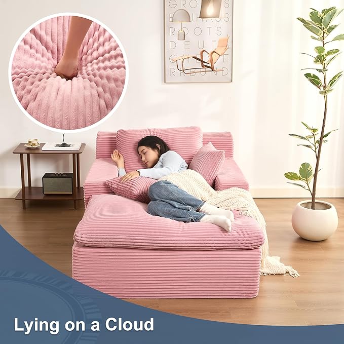 63" Oversized Chaise Lounge Chair Indoor, Extra Cloud Layer, Convertible Sleeper Sofa Couch with Removable Pillows & Side Pockets, Corduroy Upholstered Sofa Bed with Armrests for Living Room, Pink