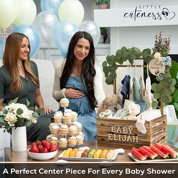 Wooden Baby Shower Crate Closet - Customizable Wooden Crate Box with Dual Rod System, Personalized Baby Shower Basket Alphabet Letters, Easy Assembly Baby Baskets for Baby Shower (Rustic Burnt Wood)