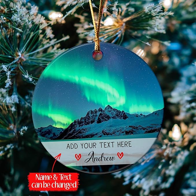 Personalized Text/Name Northern Lights in Iceland Ceramic Ornament Christmas 2025, Northern Lights Iceland Ornament for Xmas Tree, Custom Aurora Borealis Travel Souvenir Ornaments Gift for Men Women