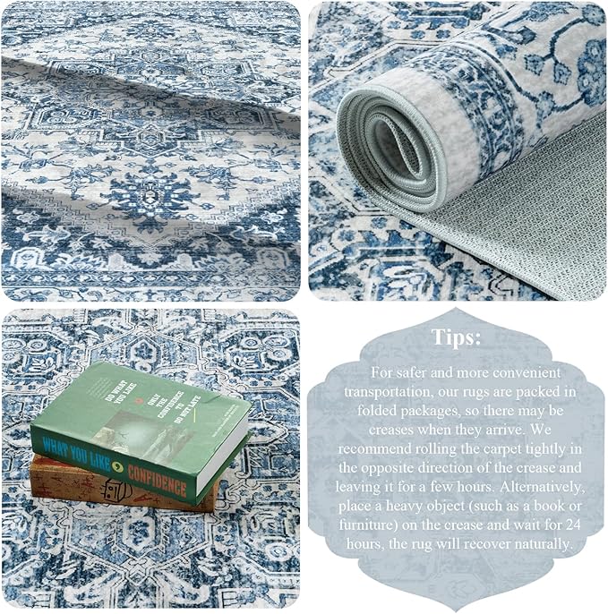 LIVEBOX Blue Washable Area Rug 8x10 - Large Vintage Tribal Living Room Rug Oriental for Bedroom, Non-Slip Retro Medallion Carpet Print Distressed for Dining Room Guest Office