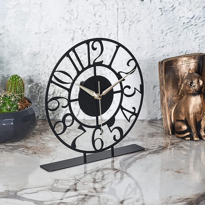 8.9x9.5 Metal Desk Clock, Black Round Silent Non-Ticking Analog Table Clock, Battery Operated, Decorative Desk and Shelf Clock, Desk Clocks for Living Room Bedroom Kitchen Office School