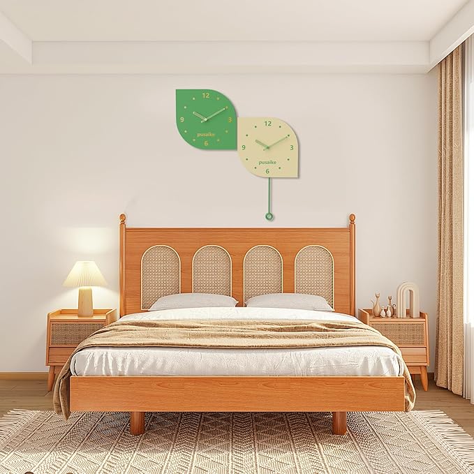 Wall Clock 11.8 Inch Double Sided - Modern Battery Operated Wall Clock with Pendulum, Unique Angle Corner Mounted Small Clock for Bedroom Living Room Office, Green Decorative Clock