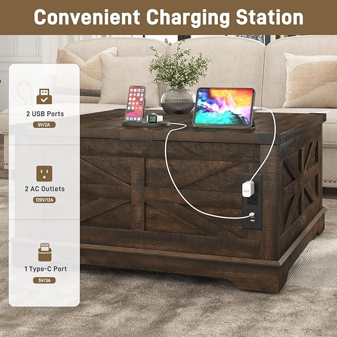 36" Farmhouse Movable Lift Top Coffee Table with Storage and Power Outlets, Square Wood Living Room Tables with Wheels&Large Hidden Space, Lift Wooden Barn Door Center Table, Brown