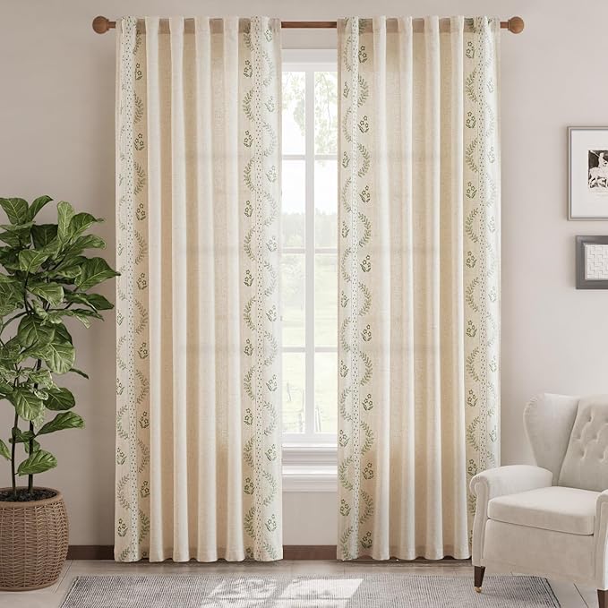 jinchan Belrose Linen Curtains for Bedroom Floral Curtains 90 Inch Length Linen Blend Sage Green Embroidered Drapes Farmhouse Flower Patterned Drapes for Living Room Window Treatments Set 2 Panels