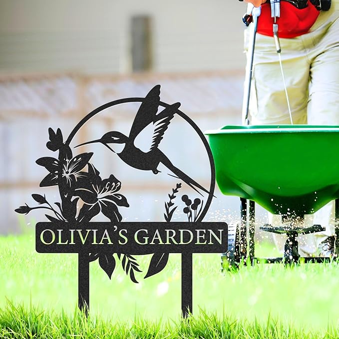 Custom Metal Garden Sign, Personalized Name Sign for Garden, Hummingbird Yard Decor, Outdoor Yard Stakes, Gifts for Plant Lovers