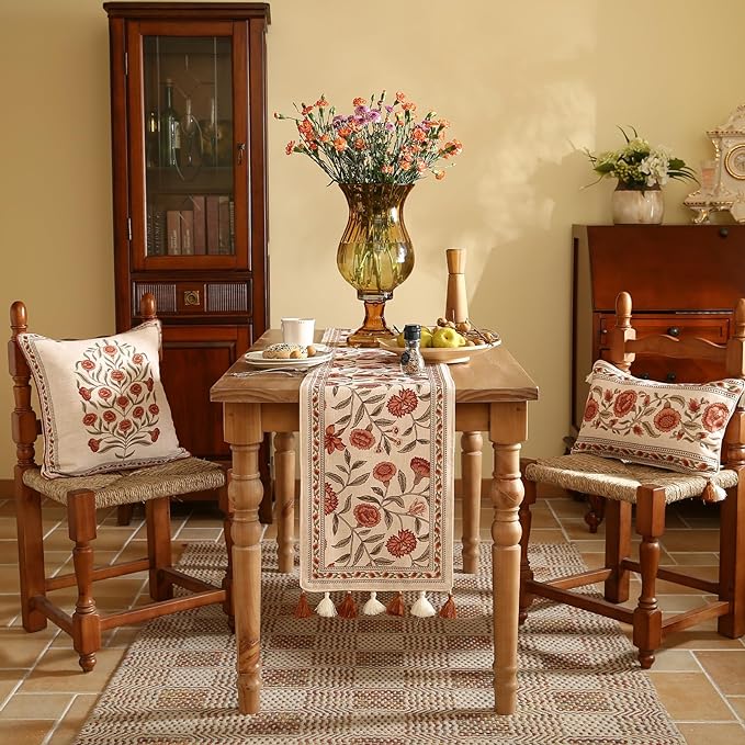 Designer Elegant Linen Table Runner 71 Inches Long,Vintage Orange Floral Pattern Table Runners for Dining Tables,Kitchen Decor,Thanksgiving,Christmas,Banquet,12"*71"-Alvarado A