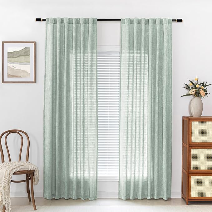 MYSKY HOME Living Room Curtains 84 Inches Long Semi Sheer Light Filtering Privacy Drapes for Bedroom Rod Pocket Textured Boho Home Decor, Backdrop Curtain for Parties, 50" x 84", Aqua, 2 Panels