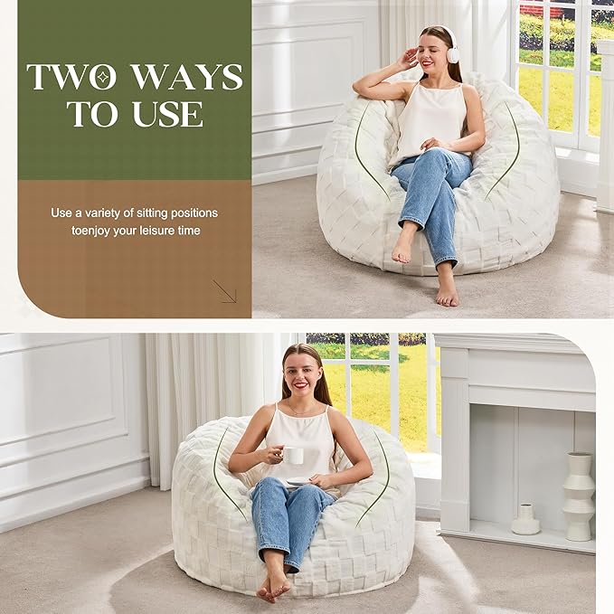 Hobestluk Bean Bag Chairs Beanbag Chair with Filler Adult Bean Bags with Fluffy Plaid Cover, Giant Bean Bag Chairs for Adults for Living Room, Bedroom (White, 3FT - 36” x 36” x 22”)