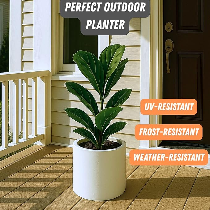 Fox & Fern 10 Inch Plant Pot with Hidden Saucer — Premium Lightweight Fiberstone Matte White Self Watering Planter with Seamless Saucer; Indoor & Outdoor Use; Weather Resistant & UV Resistant