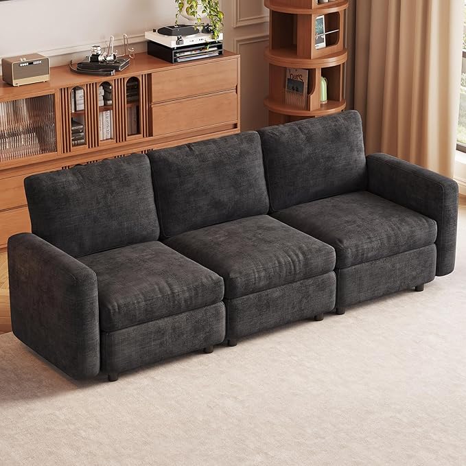 3-Seat Modular Sofa Couch Grey with Ergonomic Cushions, Convertible Sleeper Sectional for Living Room Bedroom Apartment, Cloud Futon Lounge Furniture Set for Small Spaces