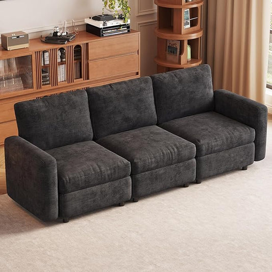3-Seat Modular Sofa Couch Grey with Ergonomic Cushions, Convertible Sleeper Sectional for Living Room Bedroom Apartment, Cloud Futon Lounge Furniture Set for Small Spaces