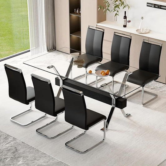 7 Piece Glass Dining Table Set, 79" Modern Dining Table Set for 6, 0.5" Thick Tempered Glass Tabletop with Silver Chrome Metal Legs and Black Crossbar, 6 PU Chairs for Dining Room, Kitchen
