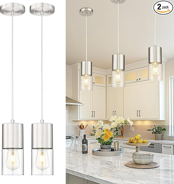 2-Pack Pendant Lights Kitchen Island, Brushed Nickel Hanging Lights Fixtures with Cylinder Clear Glass, Industrial Kitchen Pendant Lighting Over Island for Dining Room, AD-24023-1P2-SN
