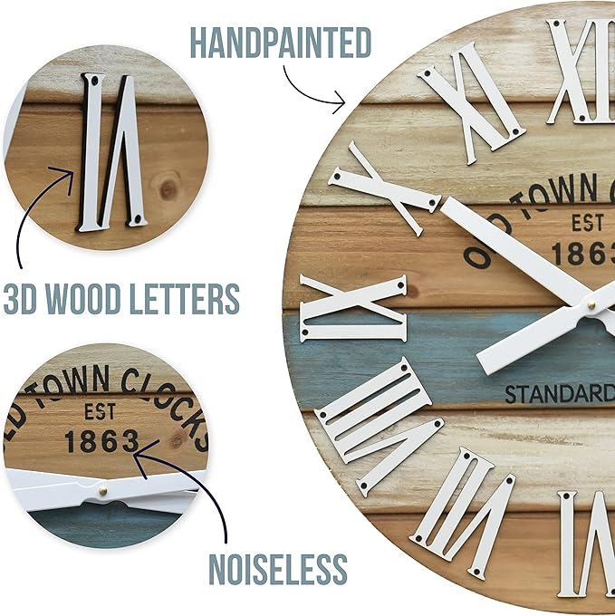 24" Wooden Multi-Color Maritime Coastal Beach Large Roman Wall Clock (Blue, 24 inch)