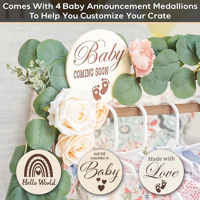 Wooden Baby Shower Crate Closet - Rustic Brown, Personalized Baby Gift Basket with Dual Rod System, Easy Assembly, 16"L x 11.8"W x 8"H