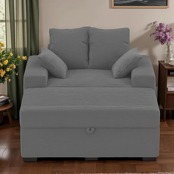 Indoor Chaise Lounge Chair with Storage Ottoman, Modern 60-Inch Lounge Sofa Chair with Wide Armrests & 4 Pillows, Oversized Comfy Reading Lounger for Living Room, Bedroom（Medium-Rib Corduroy Grey）