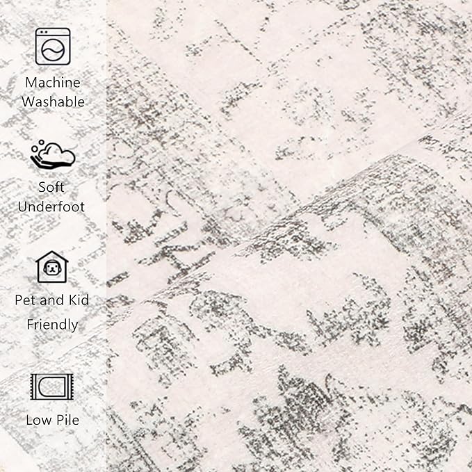 Grey Round Area Rug 5ft Entryway Door Mat Small Circle 5x5 Kitchen Vintage Carpet Non Slip Indoor Bedroom Washable Distressed Floral Retro Accent Throw Rug Office Bathroom