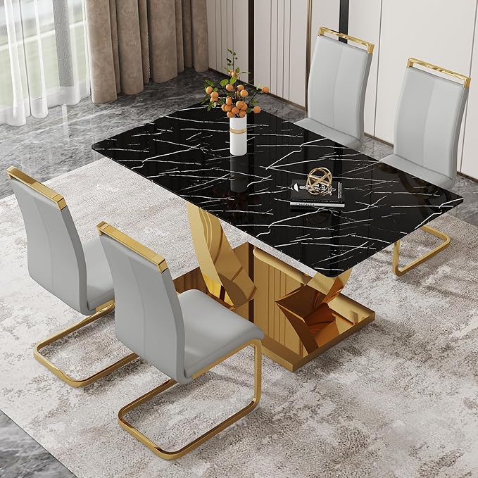 63” Dining Room Table Set for 4,Modern Gold Dining Table Set for 4, Rectangle kitchen Table Set With PU Leather Chairs,Black Faux Marble Dinner Table Set with Tempered Glass Top and Golden Base