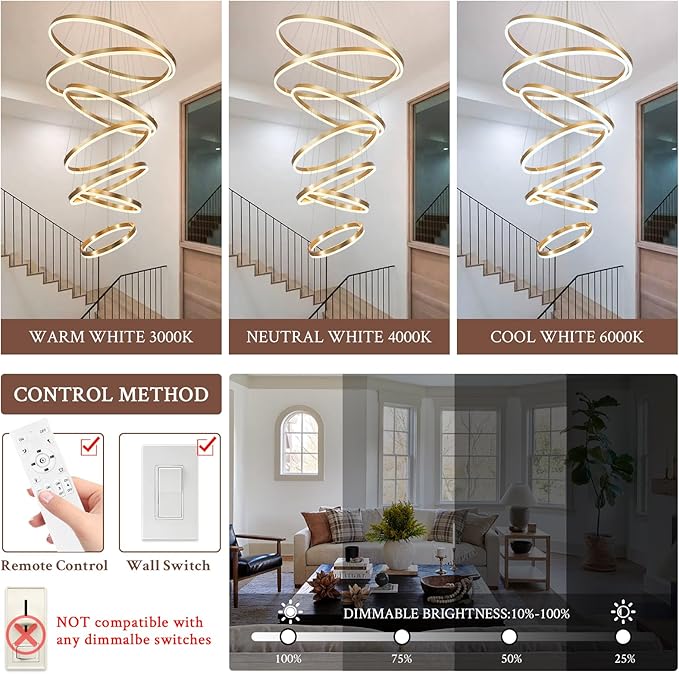 7-Rings D31.5’’ Modern LED Chandelier Gold Dimmable High Ceiling Chandeliers Foyer with Remote Control for Staircase Entryway Dining Room Living Room, 3000K-6500K