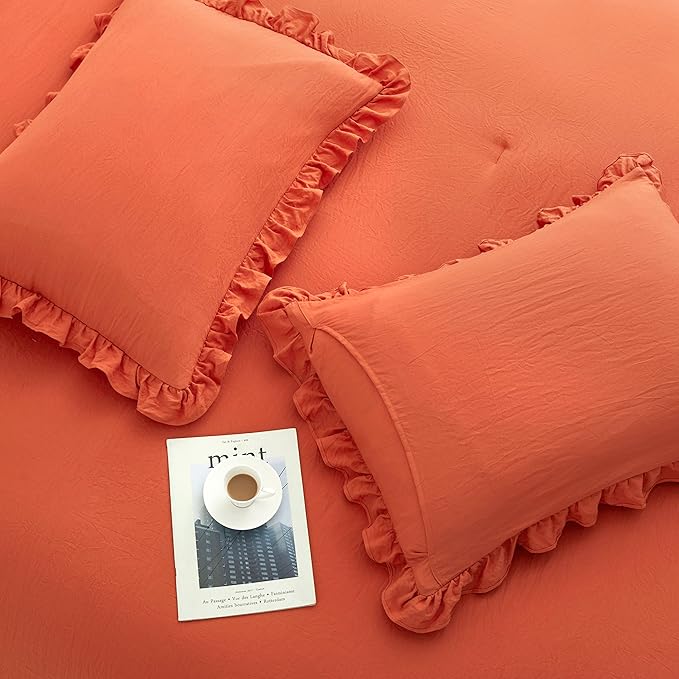 Bonlino Bedding Comforter Set Queen - 3 Pieces Farmhouse Comforter Ruffle Boho Bed Comforter, Fluffy Soft Lightweight Bedding Chic Rustic Country Style for Home Bedroom Dorm (Queen, Orange)