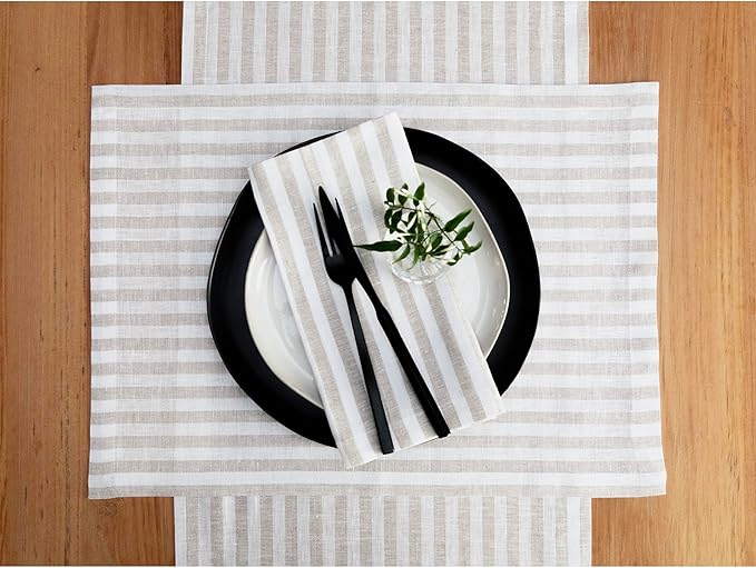 Solino Home Linen Placemats Set of 4 - Amalfi Stripe Natural and White Placemats 14 x 19 Inch - 100% Pure Linen Place Mats for Fall, Autumn, Thanksgiving, Christmas, Holiday