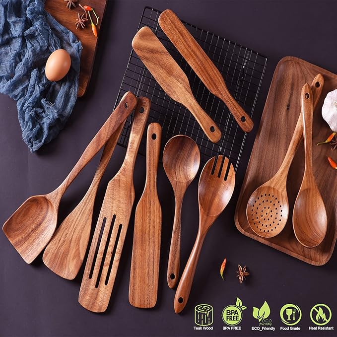 Wooden Spoons for Cooking,GUDAMAYE 10 PCS Wooden Kitchen Utensils Set,Wooden Cooking Utensils For Non-stick Pan,Teak Wood Utensils Set,Spurtles Kitchen Tools As Seen On Tv