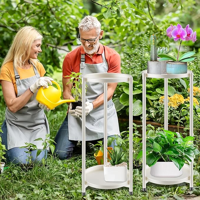 2 Tier Metal Plant Stand Rack Indoor Outdoor Flower Pot Shelf, 26.7in Tall Rustproof Round Planter Display Storage Rack, Heavy Duty Potted Holder for Home Garden Patio Bathroom Living Room (white)
