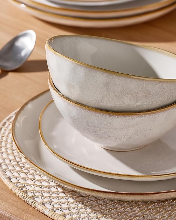 Famiware Dinnerware Sets for 4, Ocean Round 12-Piece Kitchen Plates and Bowls Sets, Reactive Glaze, Microwave and Dishwasher Safe, Scratch Resistant, Cappuccino White