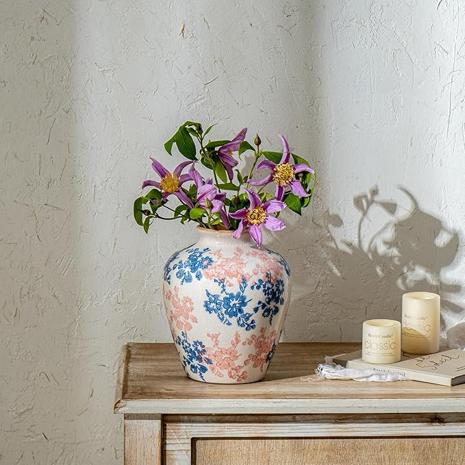 Pink Blue and White Vase, 8 Inch Vintage Chinoiserie Ceramic Vase, Rustic Flower Vases Decorative Antique Vases for Home Decor, Retro Ice Cracked Porcelain Farmhouse Table Centerpieces Decor