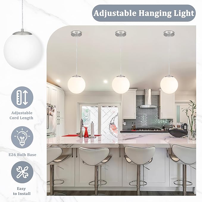 KoKo&Yukina 8 Inch Globe Pendant Light Nickel Globe Pendant Lights Kitchen Island Mid Century Light Fixture with Milky White Glass Shade Adjustable Lights for Dining Room