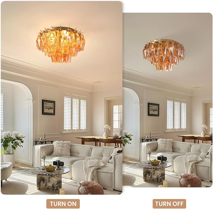 Amber Ceiling Light, 17" Modern Crystal Glass Chandelier for Bedroom, 3-Light Round Flush Mount Ceiling Ligh for Living Room, Bathroom, Hallway, Entryway – Elegant Warm Lighting Fixture