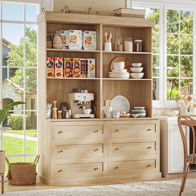 Vyre 71" Farmhouse Kitchen Pantry Cabinet Set of 3, Brown Freestanding Coffee Bar Hutch with Drawers & Adjustable Shelves, Large Storage Cabinet with Microwave Stand for Living Room & Kitchen