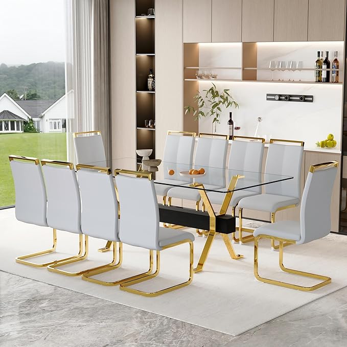 11 Piece Glass Dining Table Set, 79" Modern Dining Table Set for 10, 0.5" Thick Tempered Glass Tabletop with Gold Chrome Metal Legs and Black Crossbar, 10 PU Chairs for Dining Room, Kitchen