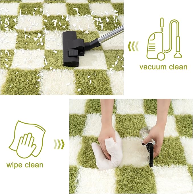 Checkered Rugs for Bedroom, 4x6 Ultra Fluffy Fuzzy Shag Area Rug for Living Room, Modern Plush Soft Upgrade Non-Slip Carpet for Kids Girls and Boys Room Dorm Nursery Home Decor, Cream and Green