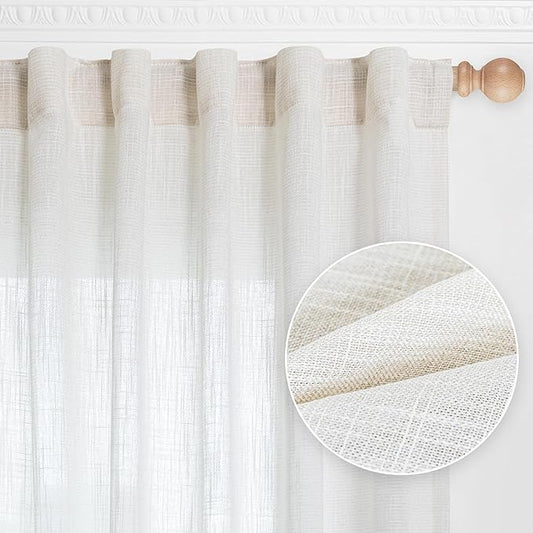 MYSKY HOME Natural Linen White Curtains 84 Inches Long, Semi Sheer Soft Cotton Window Drapes Set for Living Room Back Tab Elegant Cute Look Country Bedroom Curtains, 50" x 84", Beige, Pack-2