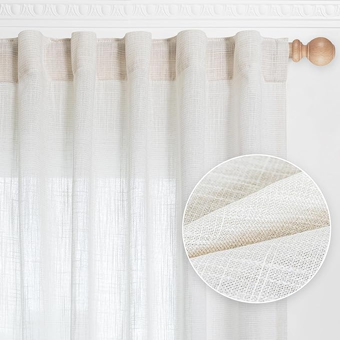 MYSKY HOME Natural Linen White Curtains 80 Inches Long, Semi Sheer Soft Cotton Window Drapes Set for Living Room Back Tab Elegant Cute Look Country Bedroom Curtains, 50" x 80", Beige, Pack-2