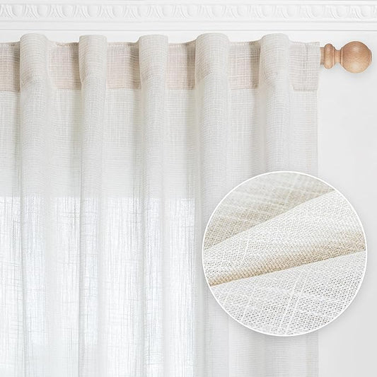 MYSKY HOME French Door Curtains for Closet Doorways, Window White Cotton Sheer Drapes Light Filtering Cute Curtain Panels Elegant Look for Classroom/Guestroom, 50" x 72", Natural, 2 PCs