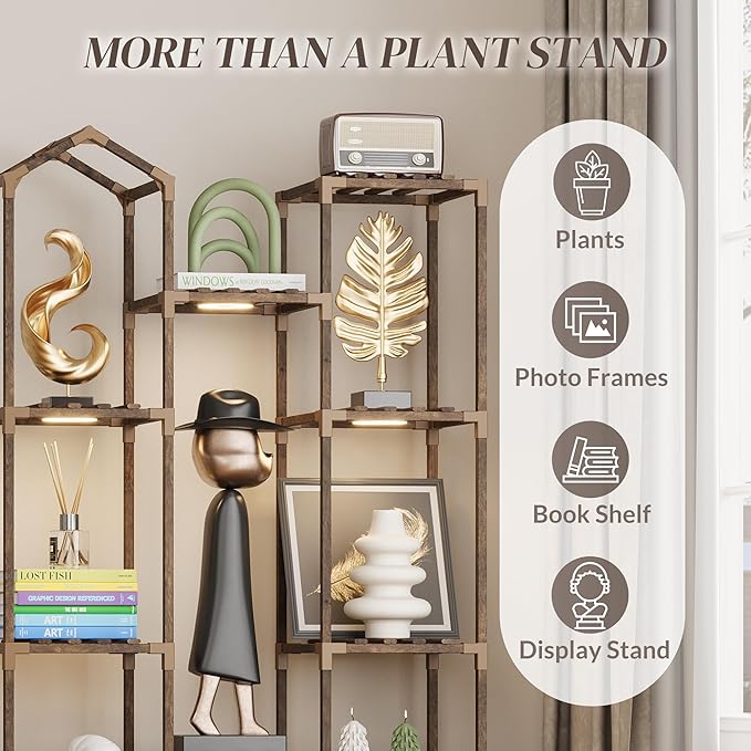 Wooden Plant Stand with Grow Light, 4-Tier Indoor Ladder Shelf with Roof Design, Carbonized Wood Rack for Balcony, Corner, or Living Room, Space-Saving Decorative Holder