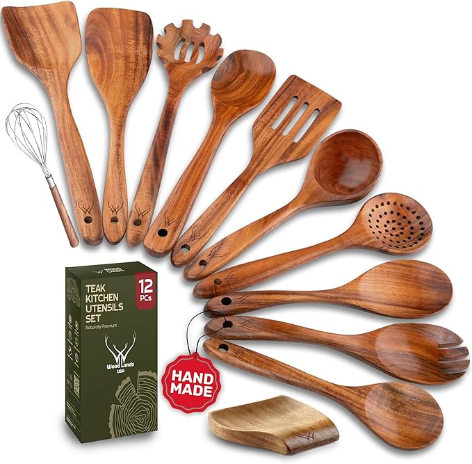 12 Pcs Wooden Cooking Utensils Set – Luxury Wooden Kitchen Utensils with Holder, Versatile Wooden Spoons for Cooking & Durable Teak Wood Utensil Set for Modern Home - Cooking spoons with Spatula