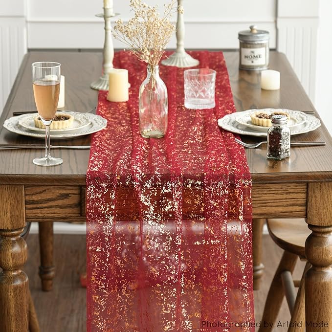 Artoid Mode Red Gold Gauze Table Runner 120 Inch 10FT, Glitter Metallic Foil Sheer Dining Wedding Anniversary Holiday Table Decor for Home Party