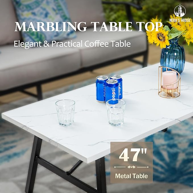 HERA'S HOUSE 4 Piece Patio Furniture Set, 2 x Rocking Metal Frame Cushioned Chair, 3-Seat Sofa with Marbling Coffee Table, All Weather Outdoor Conversation Set for Lawn Garden Backyard