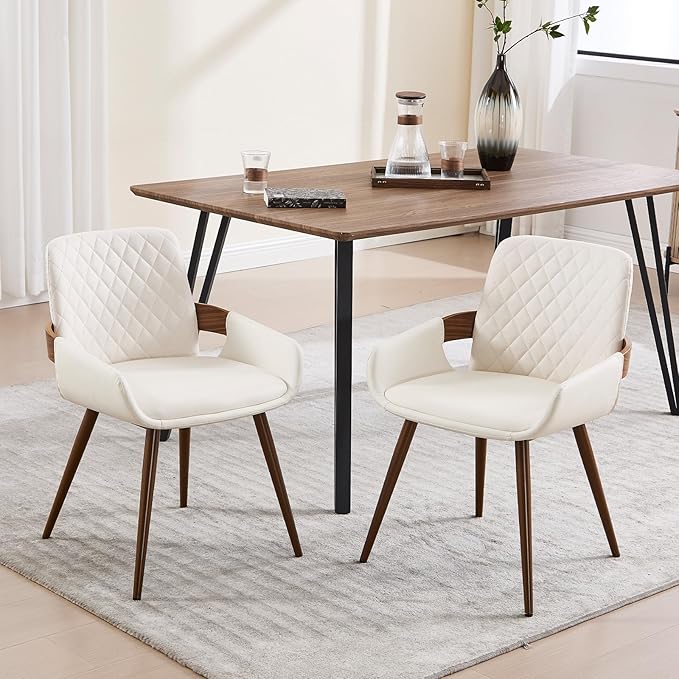Mid Century Modern Dining Chairs Set of 2 - Faux Leather Dining Room Chairs, Upholstered Kitchen Chair with Arms and Metal Legs - Beige