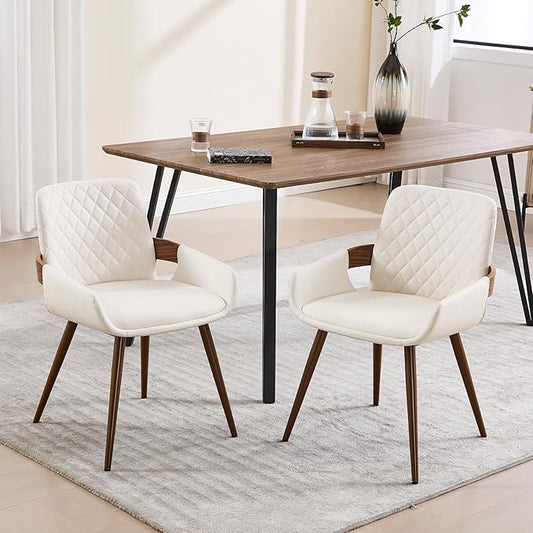 Mid Century Modern Dining Chairs Set of 2 - Faux Leather Dining Room Chairs, Upholstered Kitchen Chair with Arms and Metal Legs - Beige