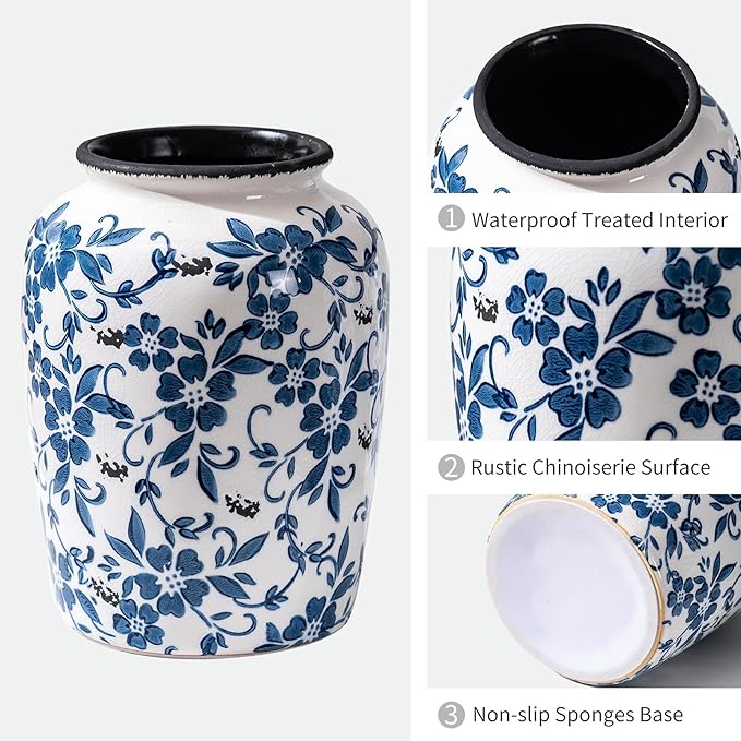 Blue and White Vintage Vase, Ceramic Chinoiserie Floral Vases, Retro Ice Cracked Round Farmhouse Rustic Large Flower Vases for Home Decor Centerpieces, Living Room, Bookshelf, Office 7.8 Inch