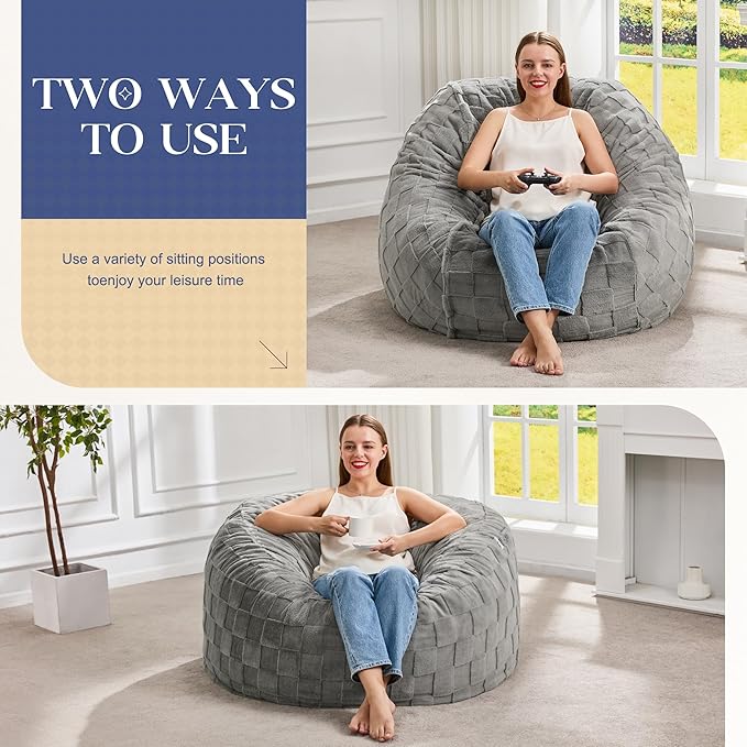 Hobestluk Bean Bag Chairs Beanbag Chair with Filler Adult Bean Bags with Fluffy Plaid Cover, Giant Bean Bag Chairs for Adults for Living Room, Bedroom (Grey, 3FT - 36” x 36” x 22”)