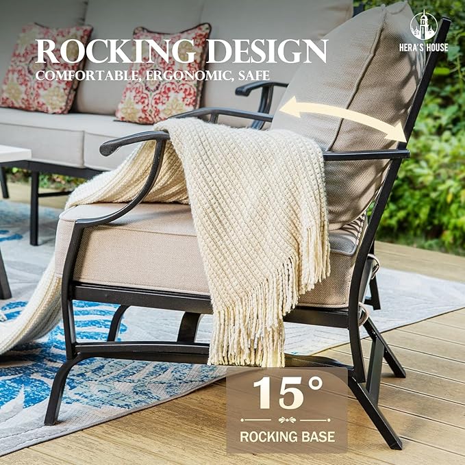 HERA'S HOUSE 6 Piece Patio Furniture Set, 2 x Rocking Chair, 2 x Fixed Chair, 1 x 3-Seat Sofa with Marbling Coffee Table, All Cushioned 7 Seats Outdoor Conversation Set for Lawn Garden Backyard