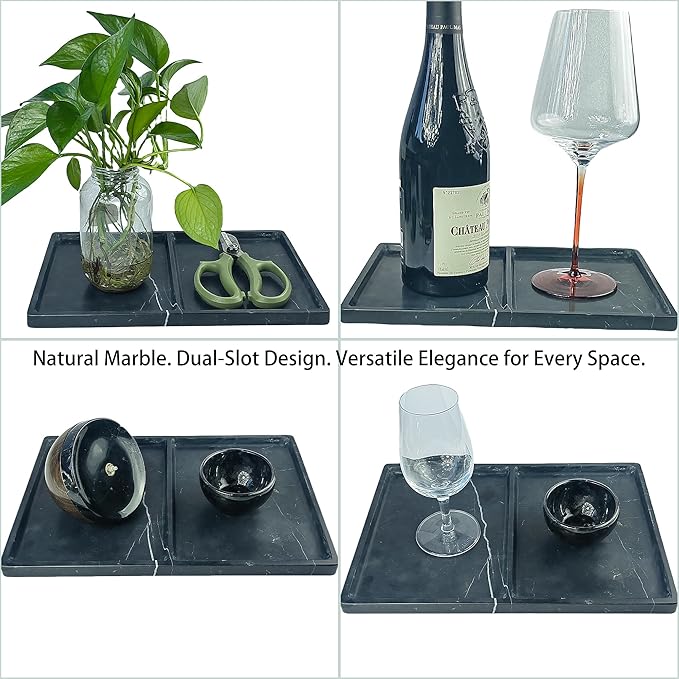 11.81"x7.87" Natural Marble Decorative Tray Countertop Organizer - 2 Compartments Polished Stone Storage Vanity Tray for Bathroom Kitchen Desk, Black White