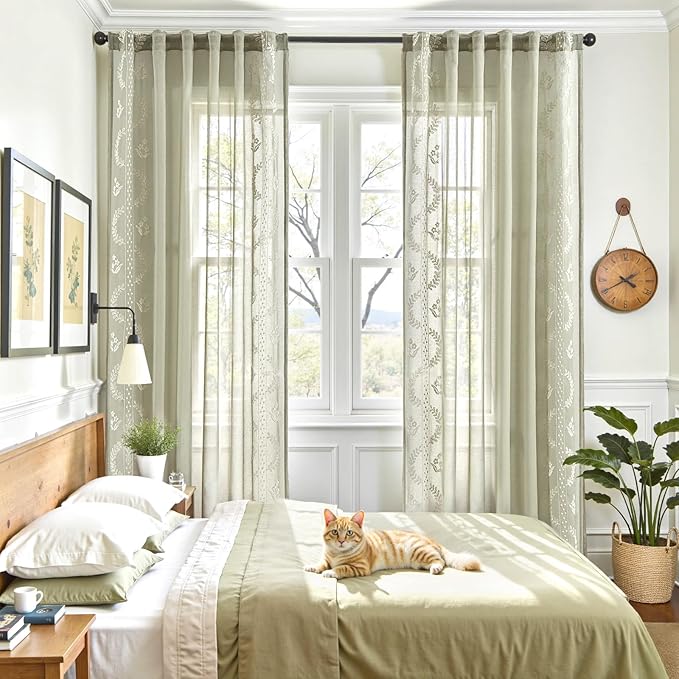 jinchan Belrose Sage Green Floral Sheer Curtains for Living Room 84 Inch Long Voile Embroidered Farmhouse Curtains for Bedroom Ivory Flower Patterned Rod Pocket Window Treatments, 2 Panels Green